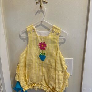 Yellow Gingham Toddler Girl Ruffle Bottom Bubble with Flower Design